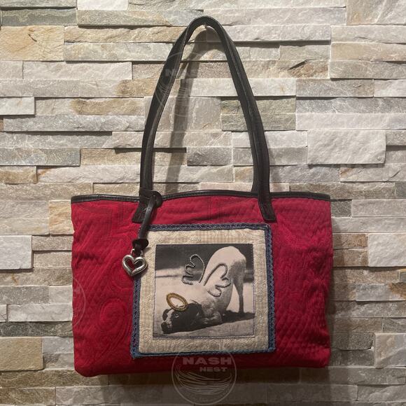 Brighton Red Quilted Tote Bag | Dog Angel Patch Heart Charm Black Leather Handle - Picture 1 of 11